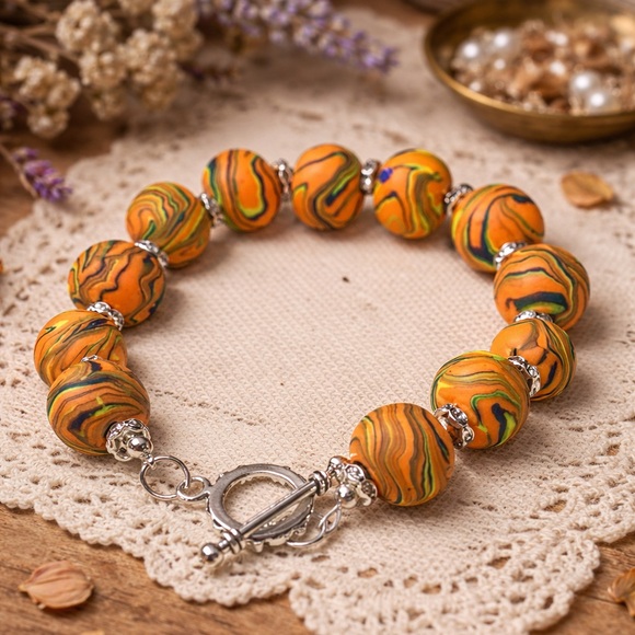 Handmade Marbled Polymer Clay Bead Bracelet - Orange & Green Swirl - Picture 6 of 9